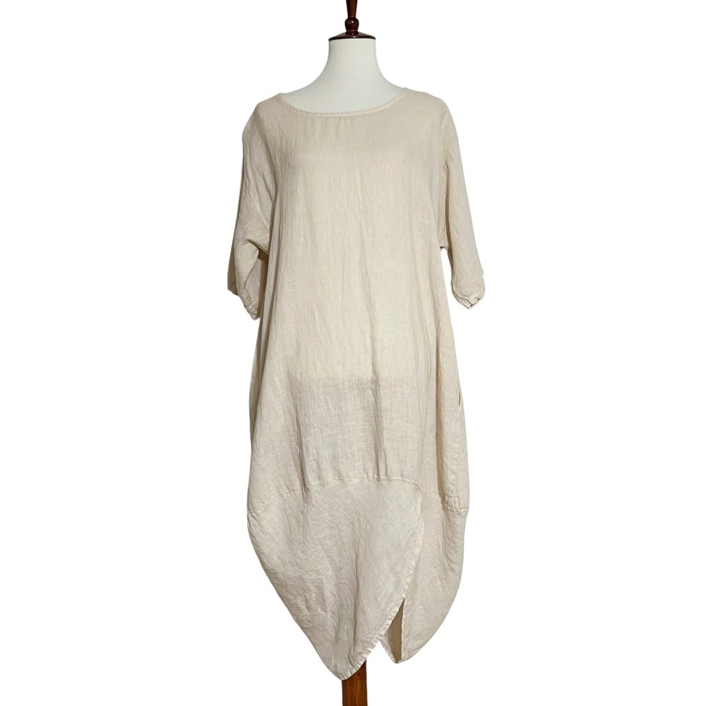 Meo Meli Made in Italy 100% Linen Tunic Dress Beige Lagenlook Cocoon Tulip J9165